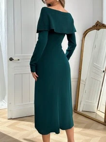 Modelyn Vestido elegante de punto ajustado con escote barco, adornado con perlas y cristales con diseño floral para fiesta - Verde Oscuro - Ver 2