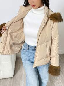 SHEIN EZwear Áo khoác lông vũ dày cổ vá màu mơ mùa đông mới có mũ trùm đầu ngắn - Màu be - Xem 7