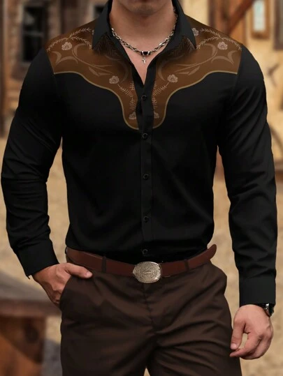 Manfinity Homme Camisa de manga larga casual y retro con estampado de bloques de color y parches para hombres, para el otoño