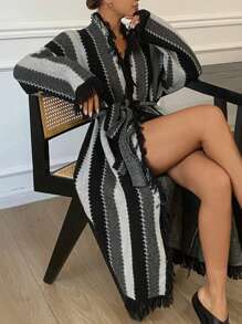 DAZY Striped Knit Tassel Edge Design Casual Loungewear Long Robe,Back To School Clothes Fall,Winter Pajama - Black - View 4