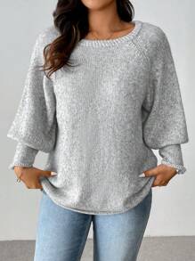 Flirla Plus Size Versatile Casual Raglan Sleeve Knit Sweater Knit Pullover Fall Winter - Grey - View 6