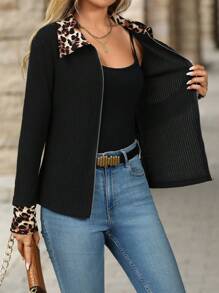 SHEIN Clasi Women's Elegant Casual Leopard Contrast Collar Zip Up Black Lightweight Summer Jacket