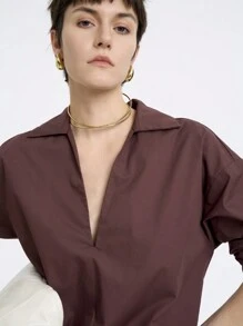 SHEIN Clasi 女士百搭简约优雅编织 100% 纯棉 V 领长袖宽松 A 字迷你连衣裙，适合秋冬季 - 中紫紅色 - 查看 4
