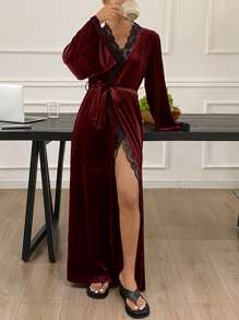 DAZY Long Luxurious Velvet & Contrast Lace Robe, Winter - Burgundy - View 3