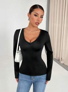 Chiquease 女士 V 领加厚保暖内衬保暖底层套头衫，简约设计，秋冬 - 黑色 - 查看 4