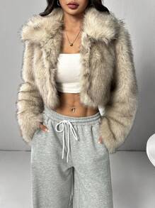 SHEIN PETITE Women Open Front Fluffy Coats In Fall/Winter - Apricot - View 7