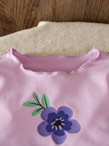 SHEIN LMoss Kids LMoss Young Girls & Young Girl Casual Matching Purple Floral Print Round Neck Long Sleeve Pullover T-Shirt & Solid Color Leggings, Suitable For Walking/Sports/Back To School & Everyday Casual Wear, Casual Outfit, Great For Casual & Daily Wear & School Daily In Spring And Autumn,Mom And Daughter Matching,Sister And Me Matching