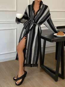 DAZY Striped Knit Tassel Edge Design Casual Loungewear Long Robe,Back To School Clothes Fall,Winter Pajama - Black - View 7