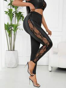BamGleam 女士时尚性感黑色透明蕾丝撞色紧身裤，外出， - 黑色 - 查看 5