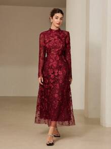 Aveloria Rosie Váy thêu hoa 3D lãng mạn thanh lịch có cổ đứng và eo thắt, trang phục dự tiệc sang trọng cho mùa xuân, ngày lễ tình nhân - Màu đỏ tím - Xem 3