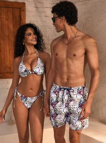 Manfinity VDAYZ 男士印花前系腰休闲沙滩裤，适合度假 - 彩色 - 查看 1