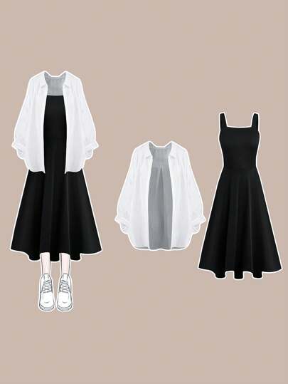 Flirla 2pcs Plus Size Women Set: Vintage Strap Dress & Casual Shirt Jacket