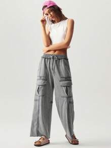 Bohemela Vacation Casual Solid Color Knitted Pleated Pocket Palazzo Pants For Women