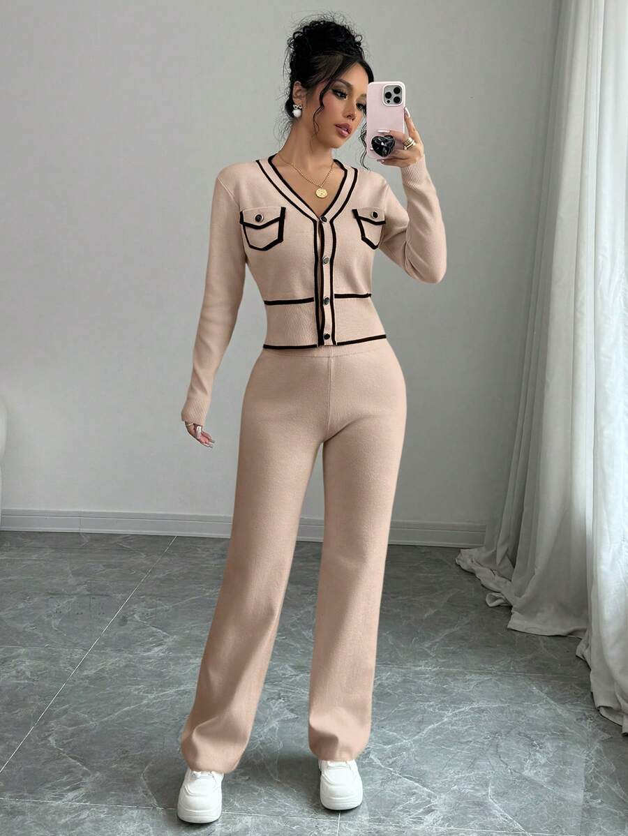 Elenzga 2pcs/Set Women Contrast Trim Button Front Long Sleeve Top & Pants Set, Casual - Khaki - View 1