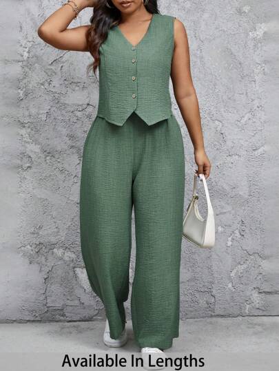 SHEIN Tall CURVE Plus Size Casual Commuting Solid Color Vest & Pants 2 Pieces Set, Beach Outfits For Woman Beach Vacation Outfits, Spring Outfits For Women