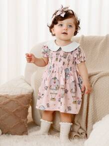 SHEIN 2 件套女婴婴儿可爱优雅大象热气球游乐园图案彼得潘领泡泡袖聚拢细节荷叶边连衣裙和配套头饰，休闲公主裙，粉色 - 粉色 - 查看 7