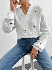 Cottnline Heart Print Lantern Sleeve Blouse - White - View 7