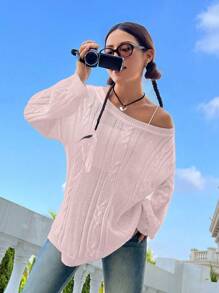 SHEIN Unity 女士纯色圆领落肩麻花针织毛衣，长袖套头针织衫，秋冬毛衣 - 淺粉色 - 查看 3