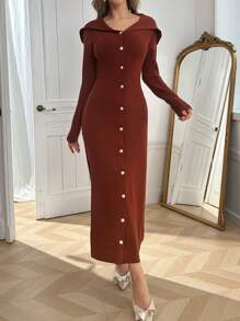 Modelyn Women Elegant Oversized Collar V-Neck Fitted Pearl Button Bodycon Sweater Dress Fall Cloth For Women