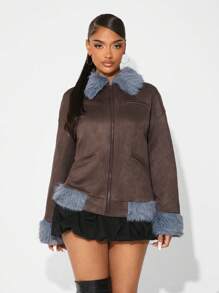 SHEIN SXY Women's Thick PU Color-Blocking Fluffy Collar Jacket, Autumn/Winter - Multicolor - View 1
