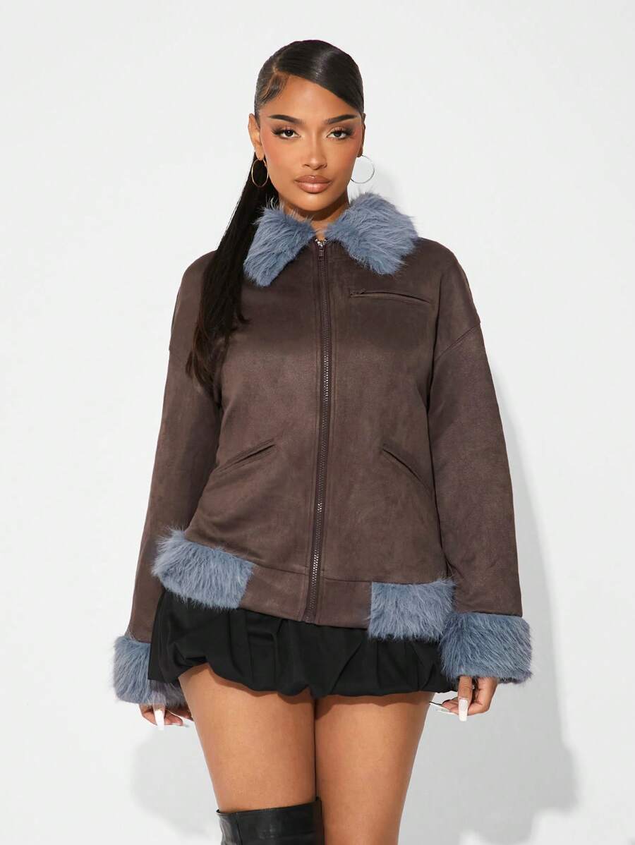 SHEIN SXY Women's Thick PU Color-Blocking Fluffy Collar Jacket, Autumn/Winter - Multicolor - View 1
