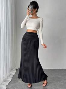 Chiquease Elegant Party Pleated Skirt, Versatile For All Seasons Maxi - Black - View 3