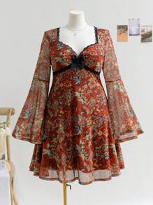 Soleia Blusa con cuello en V, mangas de campana de malla y lazo en talla grande para mujer, con estampado floral vintage en rojo y marrón