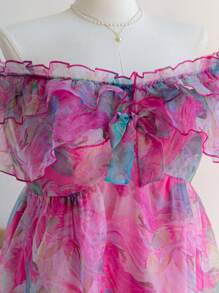 Soleia 大码女式露肩 A 字中长连衣裙，欧根纱花卉印花，秋冬季节日连衣裙 - 彩色 - 查看 5