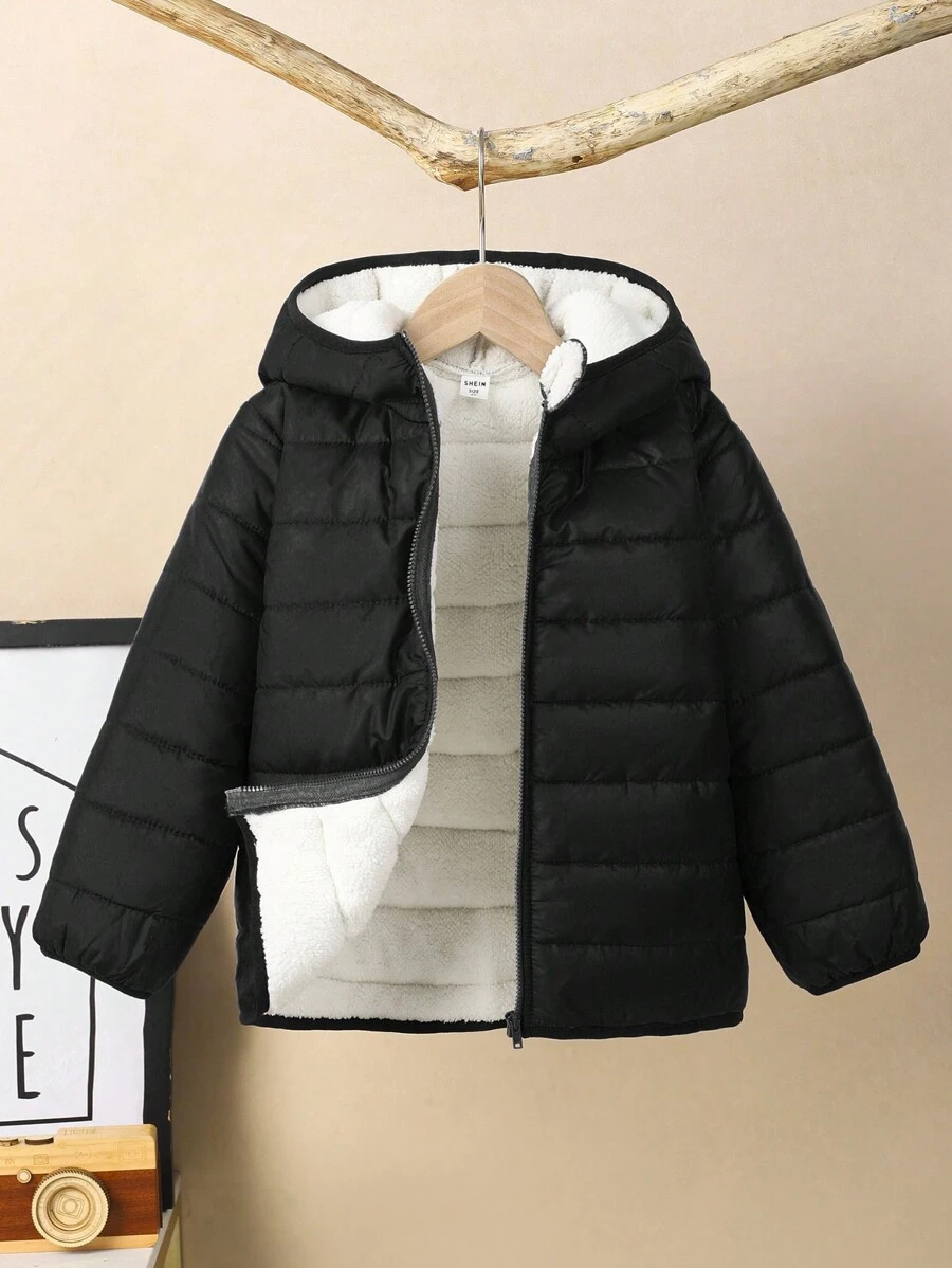 SHEIN 1 件年轻男孩休闲百搭舒适宽松纯色实用拉链连帽棉服外套、绗缝外套、冬季外套,适合返校、生日、婴儿洗礼、节日派对、秋冬季 - 黑色 - 查看 1