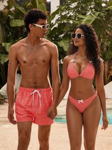 Manfinity VDAYZ Men's Beach Shorts Couples Matching Swimwear Drawstring Waist Front Tie Pocket Plaid Resort Casual, Matching Swimwear For Couples Red, Beachwear Matching Couple, Couple Matching Swim Wear, Couple Bathing Suit Set, His And Hers Swim Suit Sets
