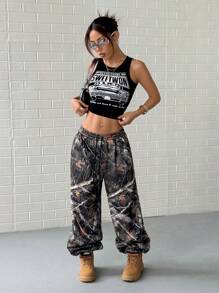 Lunelith SHEIN Lunessa Casual Versatile Dead Leaf Print Harem Pants, Street Style
