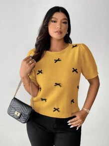 Flirla 休闲甜美蝴蝶结装饰圆领针织毛衣，大码