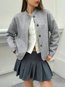 INAWLY Women's Solid Color Drop Shoulder Long Sleeve Single-Breasted Loose Casual Jacket, Autumn - Light Grey - View 1