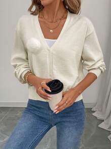 SHEIN LUNE Christmas Sweater Women's Solid Color V-Neck Button Front Casual Cardigan - White - View 4