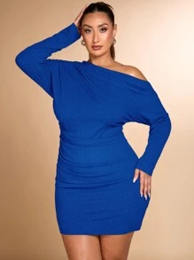 SHEIN BAE Plus Size Women Elegant Fairy Fashion Everyday, Date, Going-Out, Autumn/Winter Versatile Long Sleeve Grey Elastic Knit Ruched Asymmetric Neck Drape Shoulder Ruffle Bodycon Dress - Royal Blue - View 8