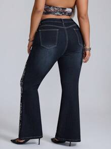 SHEIN ICON Plus Size Rhinestone Floral Print Stretch Denim Flare Pants