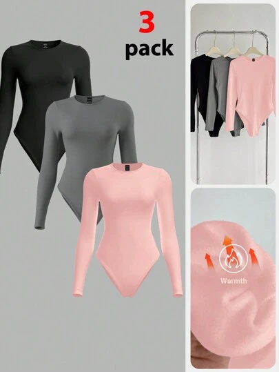 SHEIN BASICS 3 件套休闲纯色针织长袖紧身衣女款带保暖内衬