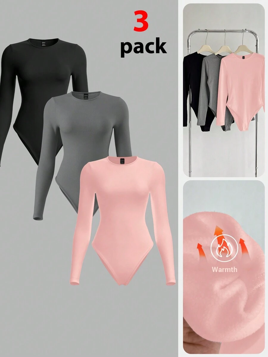 SHEIN BASICS 3pcs/Set Bodysuit Rajut Lengan Panjang Warna Polos Kasual dengan Lapisan Termal untuk Wanita - Berwarna merah muda - View 1