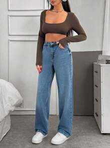 EURMUSE High Waist Wash Detailed Straight Jean - Medium Wash - View 6