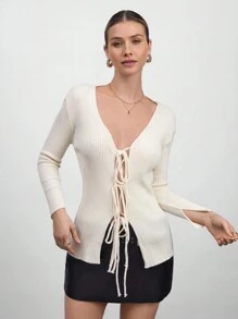 CLARA VERO Casual Crew Neck Tie Knot Cardigan Solid Color Simple - Apricot - View 6