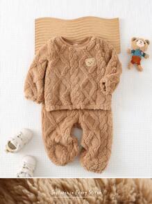 Cozy Pixies 2pcs Baby Boy Double-Sided Fleece Diamond Jacquard Crew Neck Pullover Sweatshirt & Elastic Cuff Pants Set - Brown - View 10