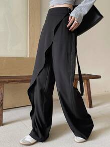 DAZY Women's Plain Color 2 In 1 Belted Loose Wide Leg Casual Pants For Summer