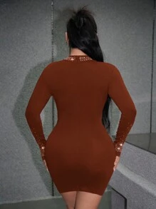 SHEIN SXY Vestido de fiesta ajustado de manga larga con cuello alto y adornos de rhinestone para mujer de talla grande