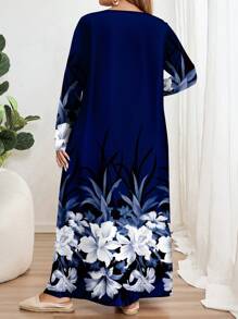 EMERY ROSE 复古优雅百搭海军蓝花卉印花大码长袖圆领连衣裙，适合秋冬季