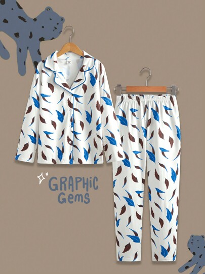 Men's Leaf Print Cardigan & Drawstring Waist Pants Casual Comfortable Loungewear Set, Flame Retardant Daily Wear