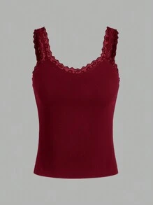 SHEIN Essnce 3pcs/Set Summer Black White Red Lace Edge Fitted Casual Vacation Versatile Knit Camisole - Rose Red - View 5