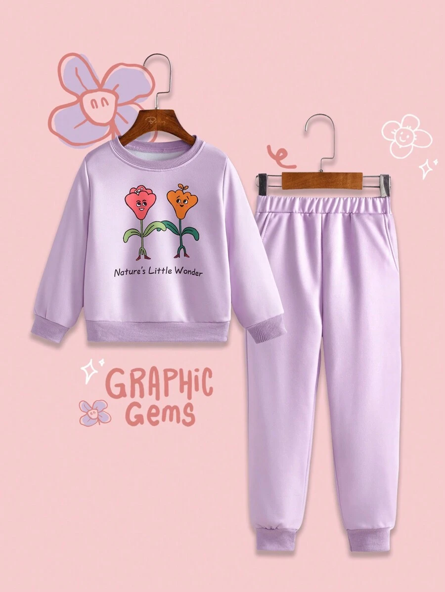 2 pièces/lot Ensemble décontracté de sweat-shirt à capuche manches longues avec slogan et imprimé de dessin animé, et pantalon de jogging, tenue automne/hiver pour jeune fille - Prune - Voir 1