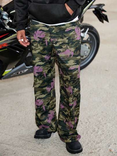 PAVTROS 男士年轻街头潮流 INS 休闲直筒玫瑰迷彩印花长裤，