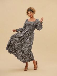 SHEIN VCAY Plus Size Square Neck Leopard Print Waist Fit Vacation Dress