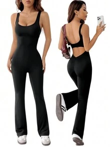 SHEIN PETITE 夏季纯色镂空喇叭紧身连体裤 - 黑色 - 查看 1